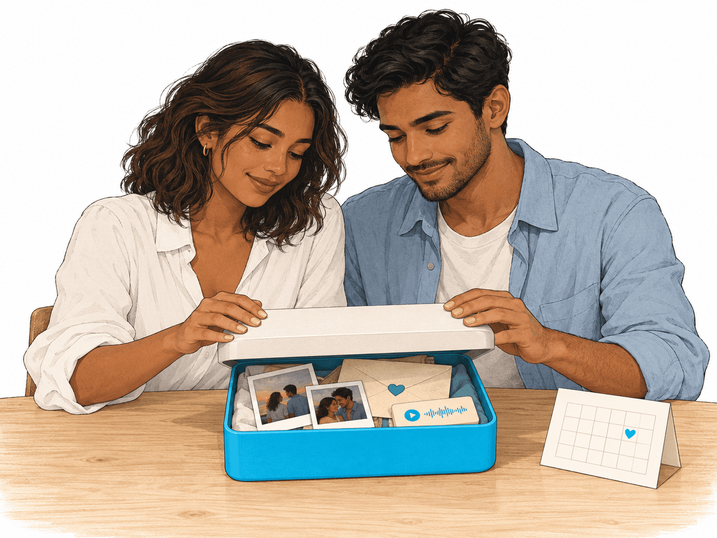 A couple opening a cyan memory box with photos, a letter, and a voice note